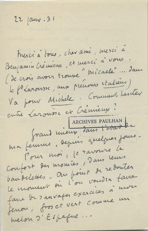 Lettre de Roger Martin du Gard à Jean Paulhan, 1931-01-22