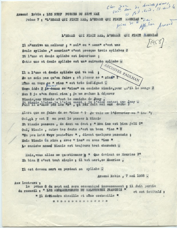 Lettre d'Armand Robin à Jean Paulhan (1958)