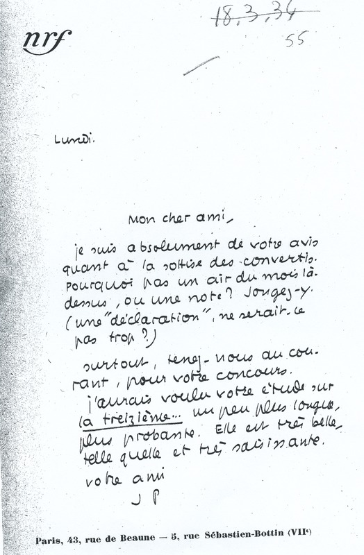 Lettre de Jean Paulhan à André Rolland de Renéville, 1934-03-18