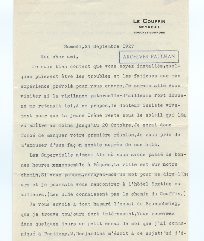 Lettre de Ramon Fernandez à Jean Paulhan (24 septembre 1927)