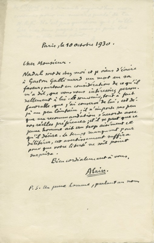 Lettre d'Alain à Jean Paulhan, 1930-10-10