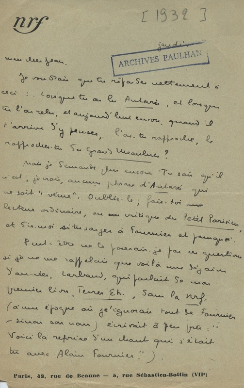 Lettre de Marcel Arland à Jean Paulhan, 1932