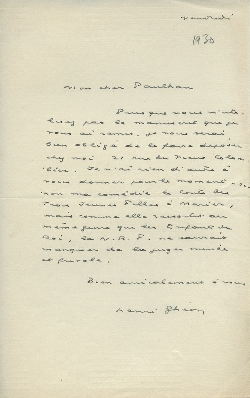 Lettre de Henri Ghéon à Jean Paulhan, 1930