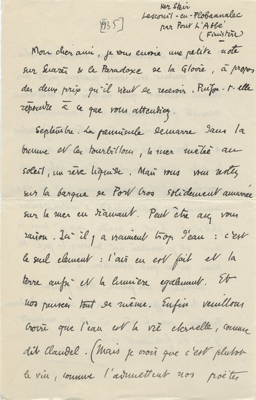 Lettre de Gabriel Bounoure à Jean Paulhan, 1935