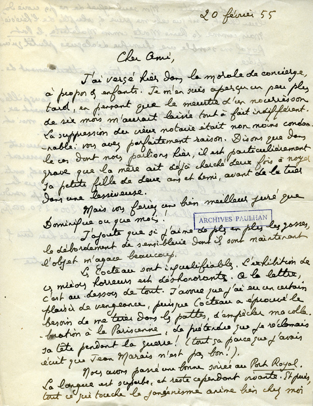 Lettre de Lucien Rebatet à Jean Paulhan, 1955-02-20