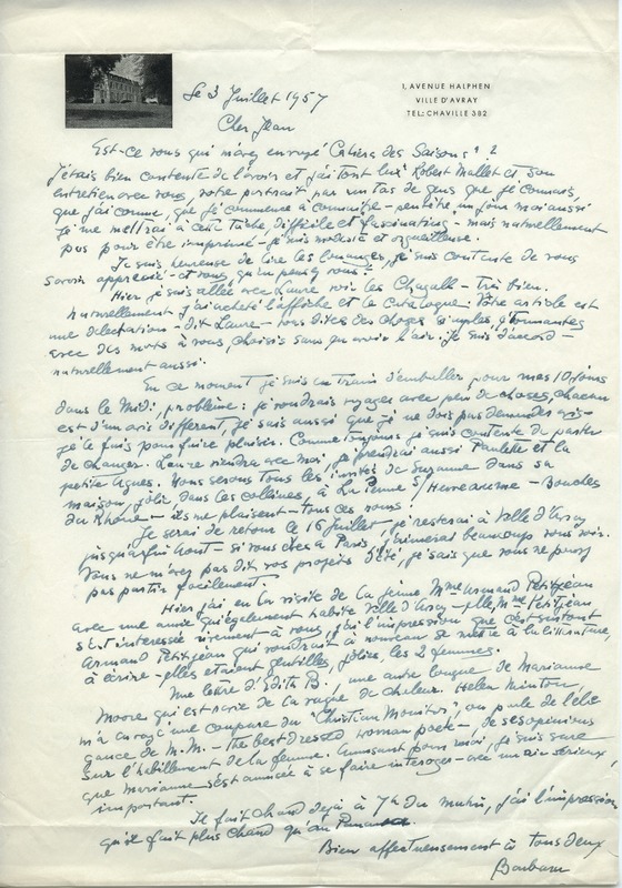 Lettre de Barbara Church à Jean Paulhan (3 juillet 1957)
