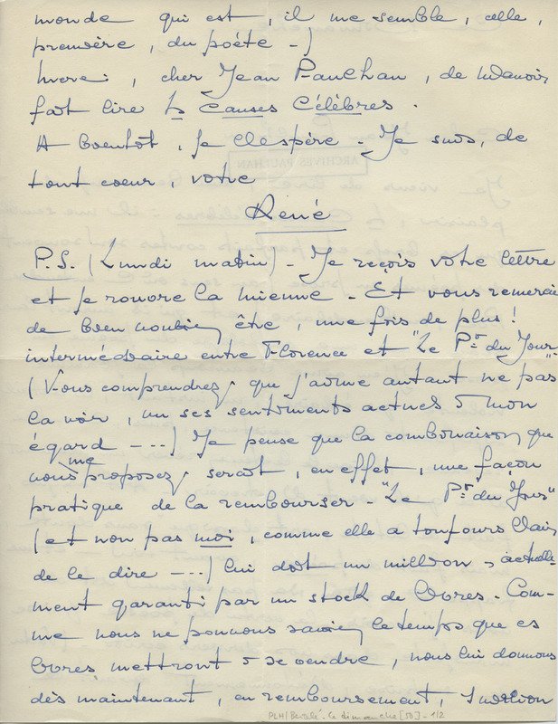 Lettre de René Bertelé à Jean Paulhan, 1950