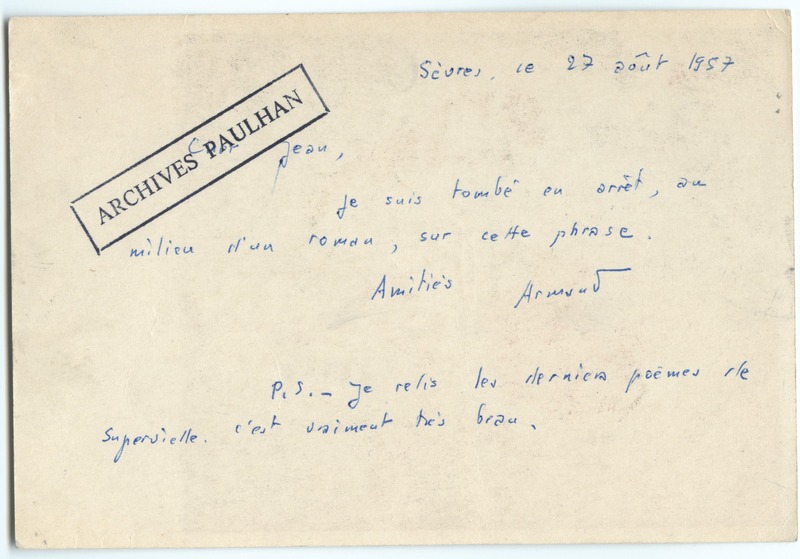 Lettre d'Armand Robin à Jean Paulhan (27 août 1957)