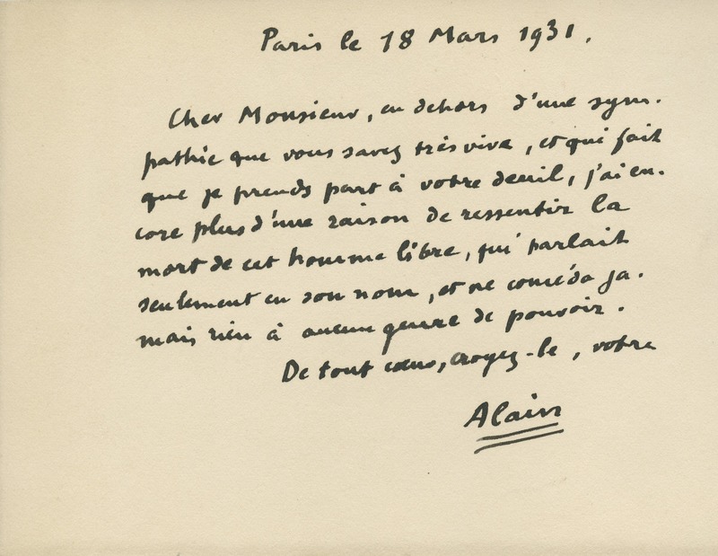 Lettre d'Alain à Jean Paulhan, 1931-03-18