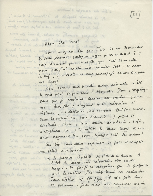 Lettre de Maurice Toesca à Jean Paulhan, 1952