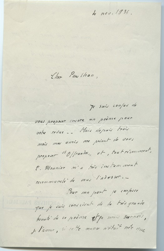 Lettre d'Armand Robin à Jean Paulhan (4 novembre 1936)