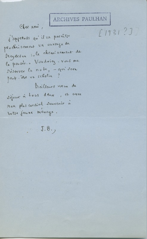 Lettre de Julien Benda à Jean Paulhan, 1931