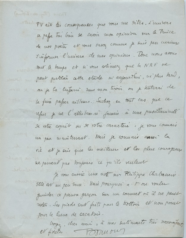 Lettre de Gabriel Bounoure à Jean Paulhan, 1929