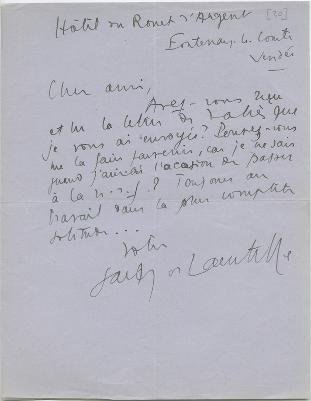 Lettre de Jacques de Lacretelle à Jean Paulhan (1930)
