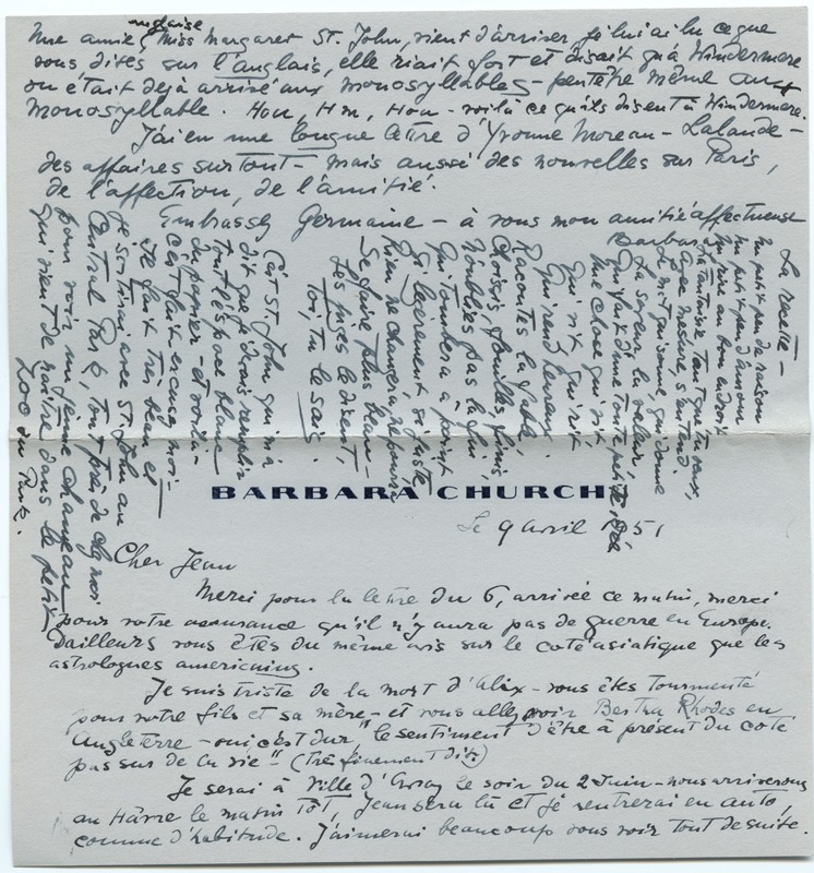 Lettre de Barbara Church à Jean Paulhan (9 avril 1951)