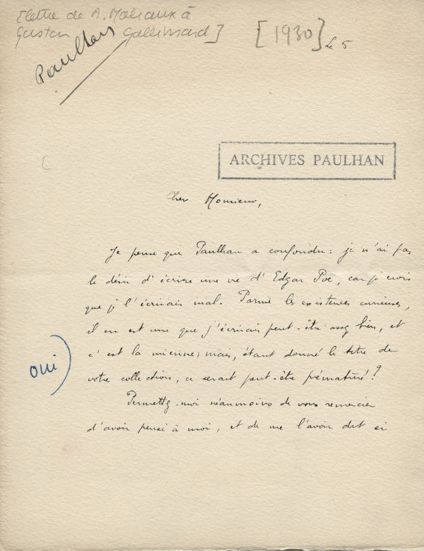 Lettre d'André Malraux à Jean Paulhan, 1930