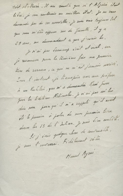 Lettre de Marcel Aymé à Jean Paulhan, 1956-09-15