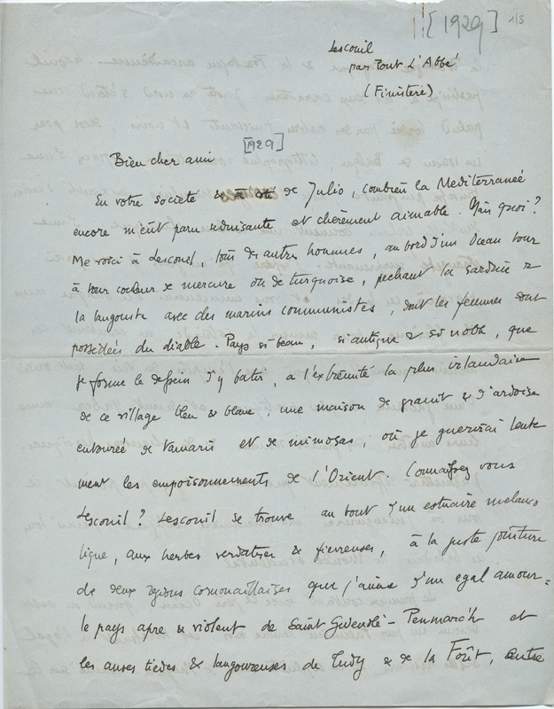 Lettre de Gabriel Bounoure à Jean Paulhan, 1929