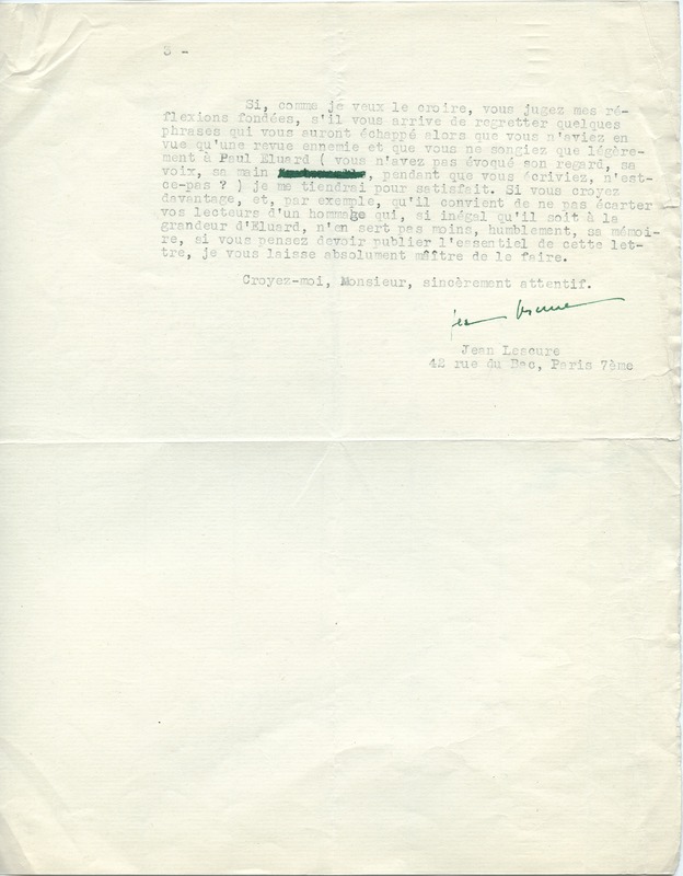 Lettre de Jean Lescure à Jean Paulhan, 1953-10-12