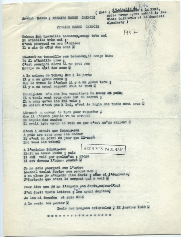 Lettre d'Armand Robin à Jean Paulhan (1957)