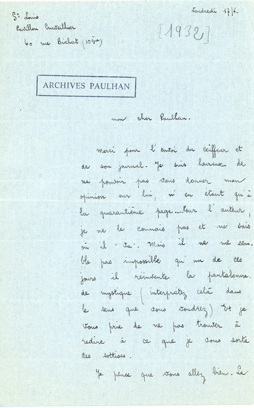 Lettre de Pierre Minet à Jean Paulhan, 1932-06-17