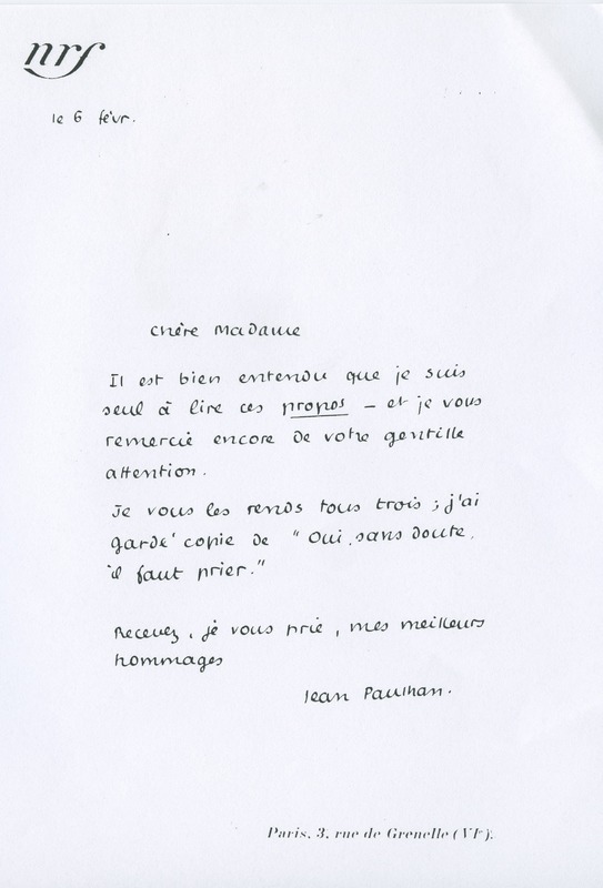 Lettre de Jean Paulhan à Gabrielle Alain-Chartier, 1927-02-06 Lettre de Jean Paulhan à Gabrielle Alain-Chartier, 1927-02-06