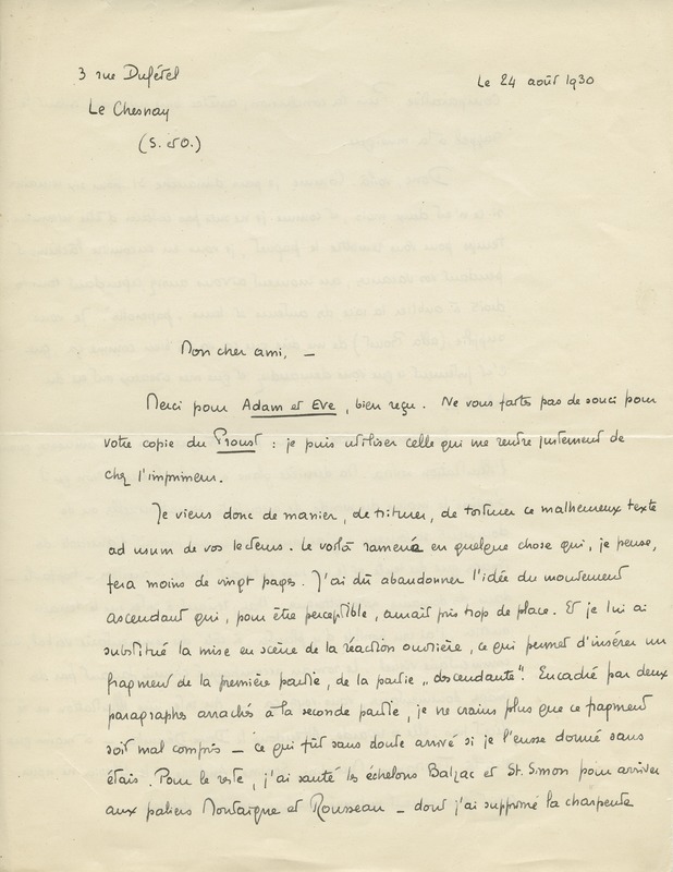 Lettre de Pierre Abraham à Jean Paulhan, 1930-08-24