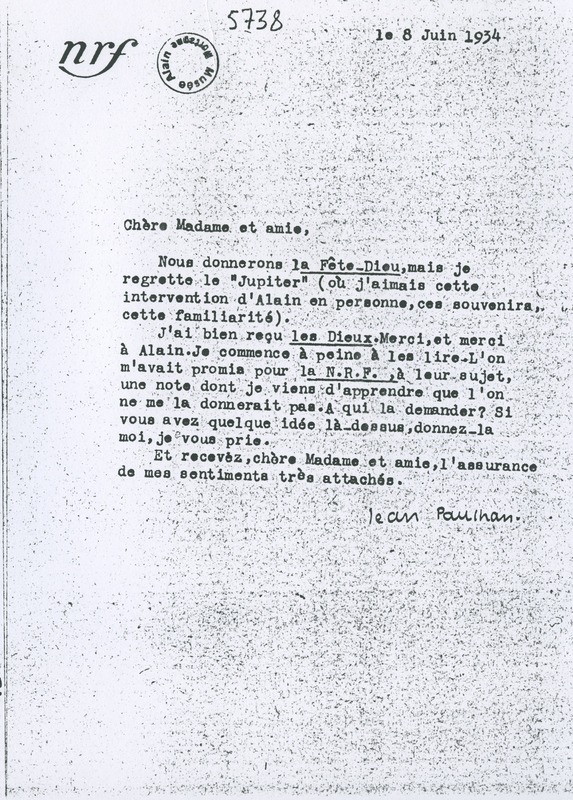 Lettre de Jean Paulhan à Gabrielle Alain-Chartier, 1934-06-08 Lettre de Jean Paulhan à Gabrielle Alain-Chartier, 1934-06-08