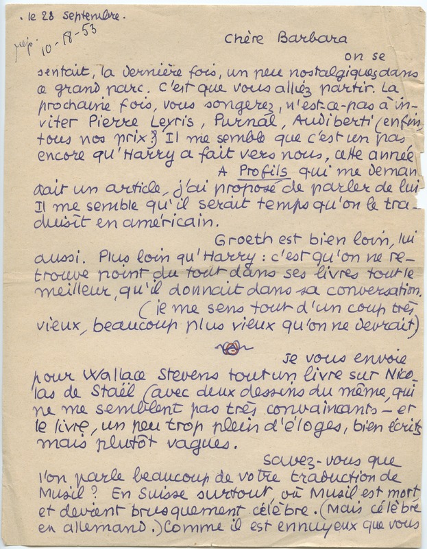 Lettre de Jean Paulhan à Barbara Church (28 septembre 1953)