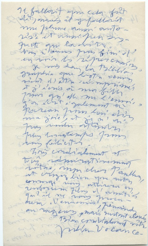 Lettre de Julien Vocance à Jean Paulhan (15 février 1952)