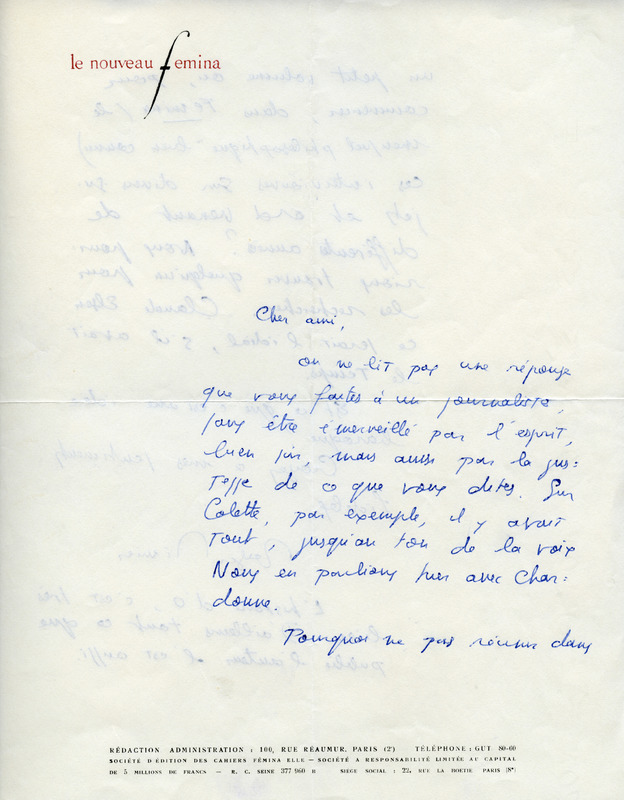 Lettre de Roger Nimier à Jean Paulhan, 1957