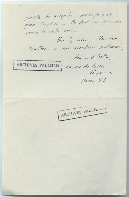 Lettre d'Armand Robin à Jean Paulhan (4 juin 1936)