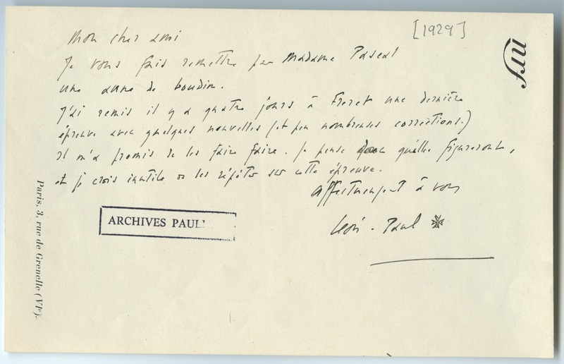 Lettre de Léon-Paul Fargue à Jean Paulhan (1929)