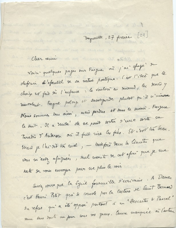 Lettre de Gabriel Bounoure à Jean Paulhan, 1929-02-27