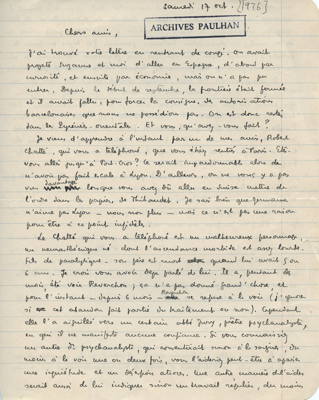 Lettre de Pascal Pia à Jean Paulhan, 1936-10-17