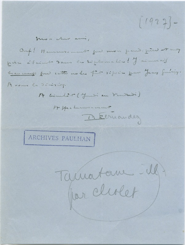 Lettre de Ramon Fernandez à Jean Paulhan (1927)