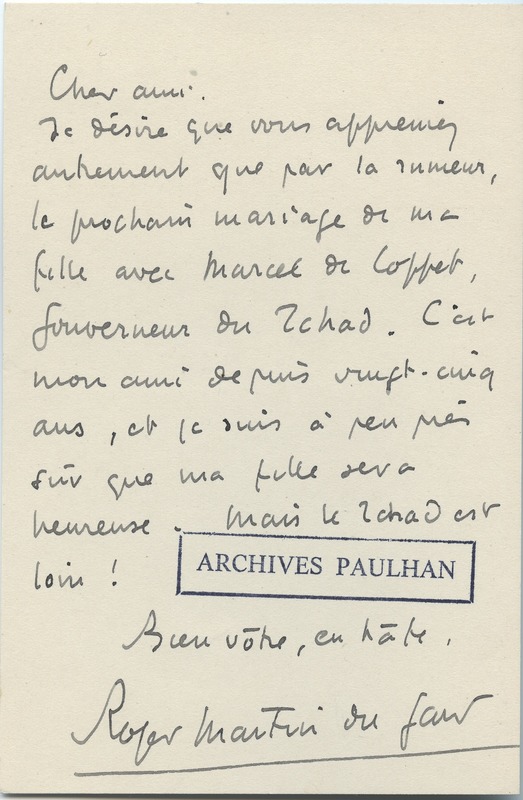 Lettre de Roger Martin du Gard à Jean Paulhan, 1930