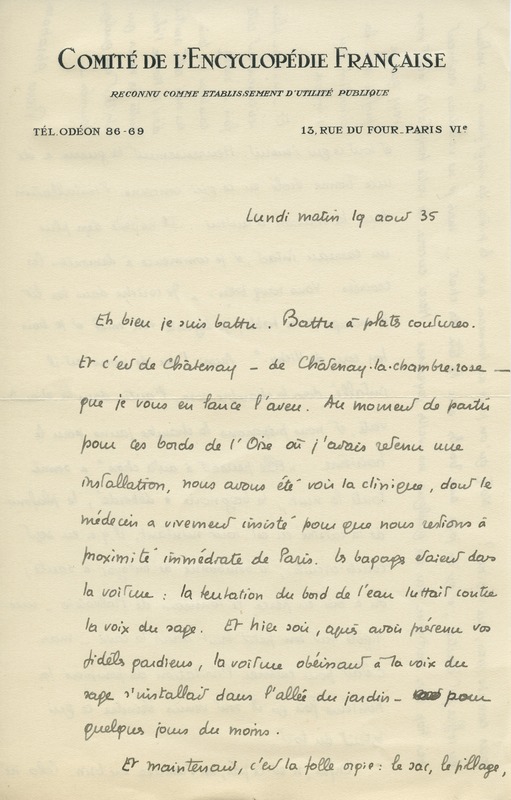 Lettre de Pierre Abraham à Jean Paulhan, 1935-08-19