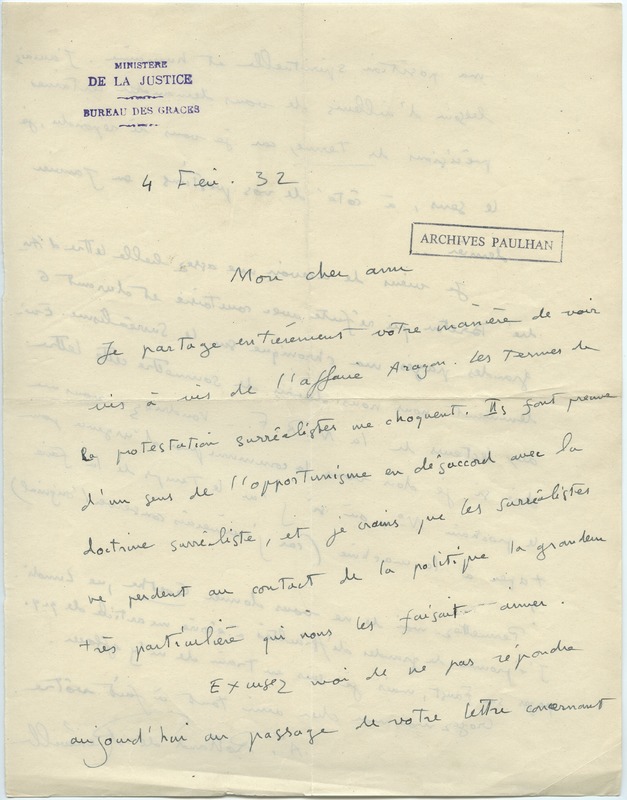 Lettre d'André Rolland de Renéville à Jean Paulhan, 1932-02-04 Lettre d'André Rolland de Renéville à Jean Paulhan, 1932-02-04