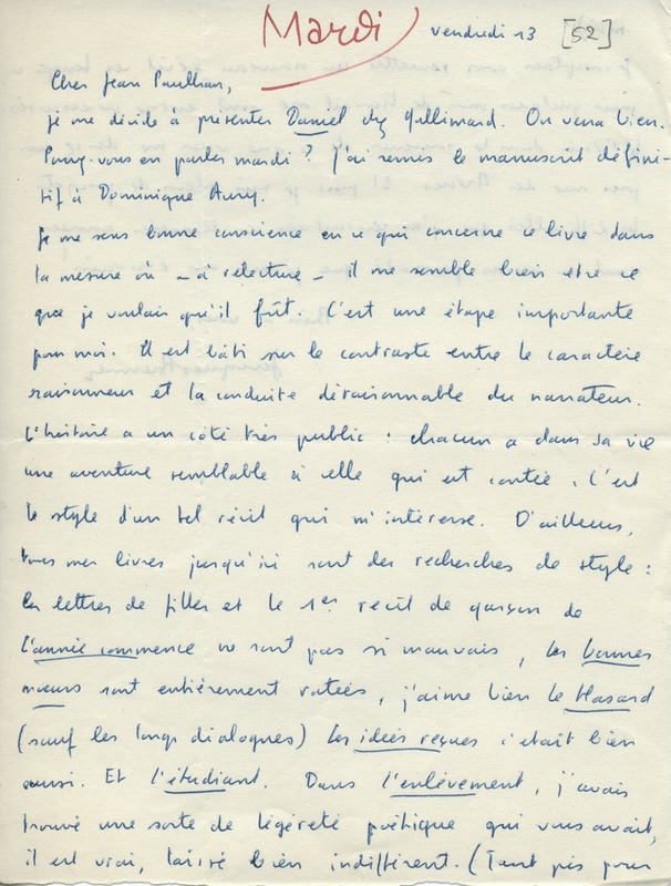 Lettre de Jacques Brenner à Jean Paulhan, 1952