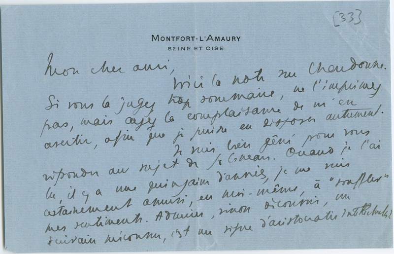 Lettre de Jacques de Lacretelle à Jean Paulhan (1933)