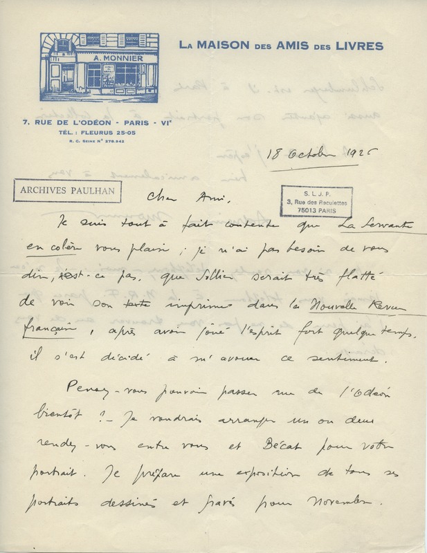 Lettre d'Adrienne Monnier à Jean Paulhan, 1926-10-18