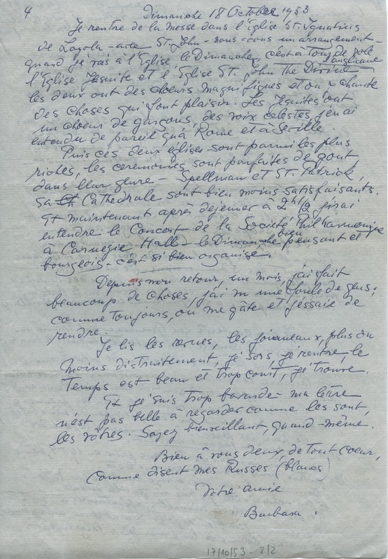 Lettre de Barbara Church à Jean Paulhan (17 octobre 1953)