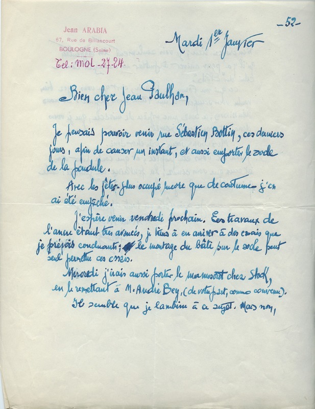 Lettre de Jean Arabia à Jean Paulhan, 1952-01-01