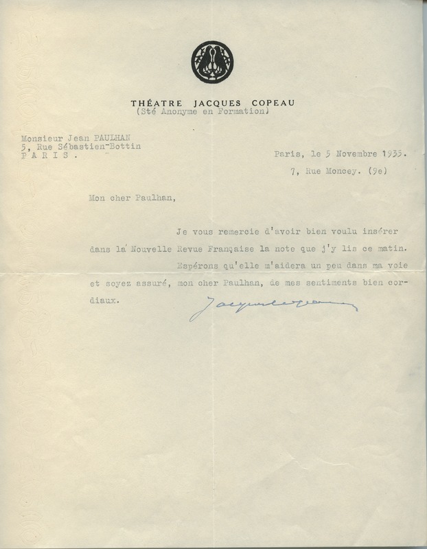 Lettre de Jacques Copeau à Jean Paulhan, 1935-11-05