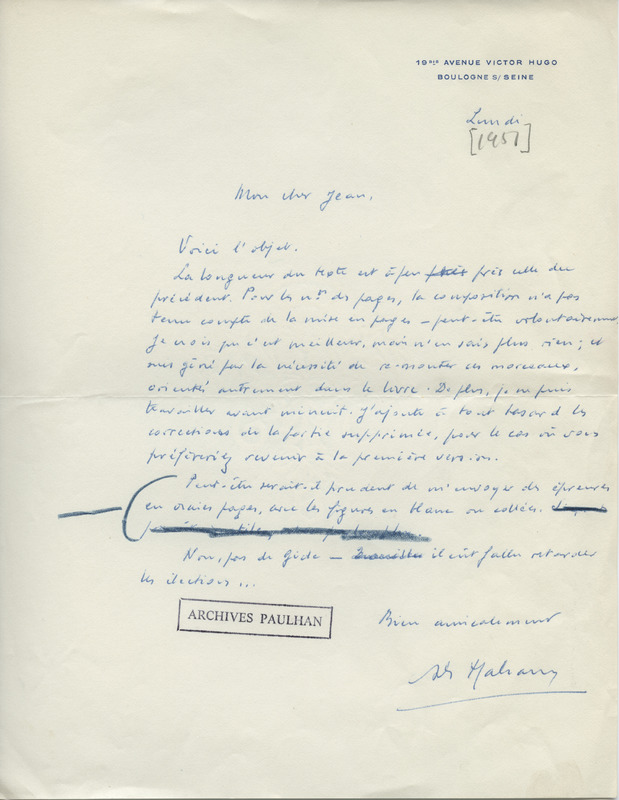 Lettre d'André Malraux à Jean Paulhan, 1951