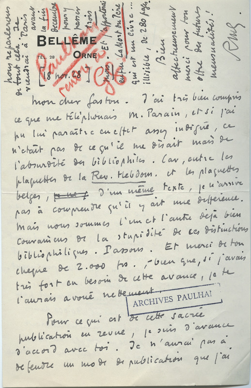 Lettre de Roger Martin du Gard à Jean Paulhan, 1928-11-18