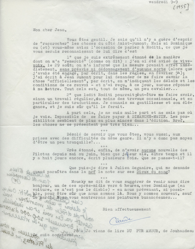 Lettre de Claude Elsen à Jean Paulhan, 1955-09-09