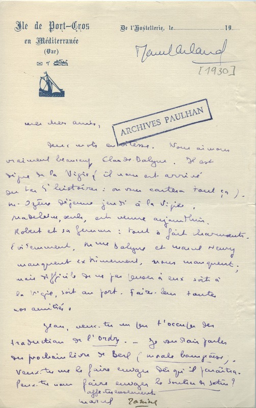 Lettre de Marcel Arland à Jean Paulhan, 1930