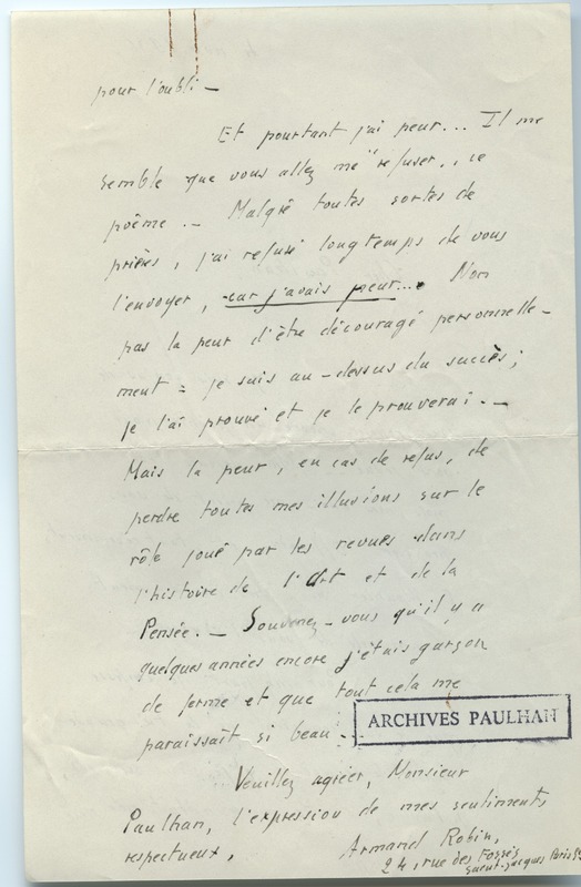 Lettre d'Armand Robin à Jean Paulhan (4 novembre 1936)